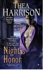 Cover for Night's Honor by Thea Harrison. An attractive white man with dark hair and a purple shirt, open to reveal massive pecs, stands sexily in the foreground. A peaceful night scene is in the back, reminiscent of a Spanish village.