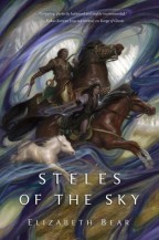 Cover for Steles of the Sky by Elizabeth Bear. Two people on brown horses and a small white pony ride through a beautiful maelstrom of purple, white, and gold.