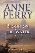 cover for Blood on the Water by Anne Perry. A hazy pink and yellow sunrise over the Thames river, boats floating in the middle ground and a foggy St. Paul's Cathedral in the background.