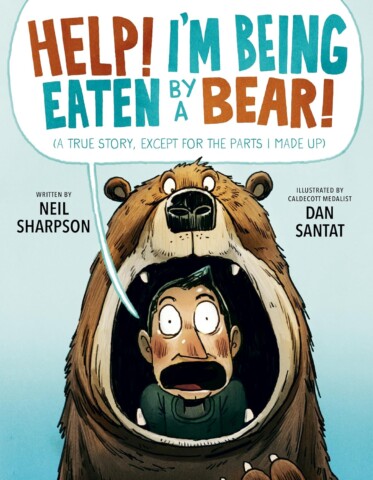 Cover of the book: HELP! I'M BEING EATEN BY A BEAR! by Neil Sharpson. Cover image features a cartoon man with a scared expression looking out from inside the mouth of a bear.