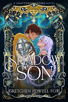 Book cover for SHADOW AND SON by Gretchen Powell Fox. Cover features a man and woman embracing inside of an ornate frame that borders the cover. The man is wearing silvery armor and a gold cape. The woman has white hair strewn with leaves.