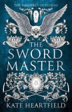 Cover for the book THE SWORDMASTER by Kate Heartfield. Cover features the title and author's name surrounded by symbolic images of a skull with sings, a coffin, a cracked mirror, two crossed swords, and feathers.