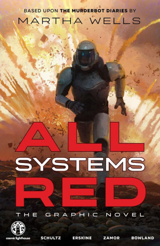 Murderbot runs toward the reader against a backdrop of an explosion in this cover for the graphic novel adaptation